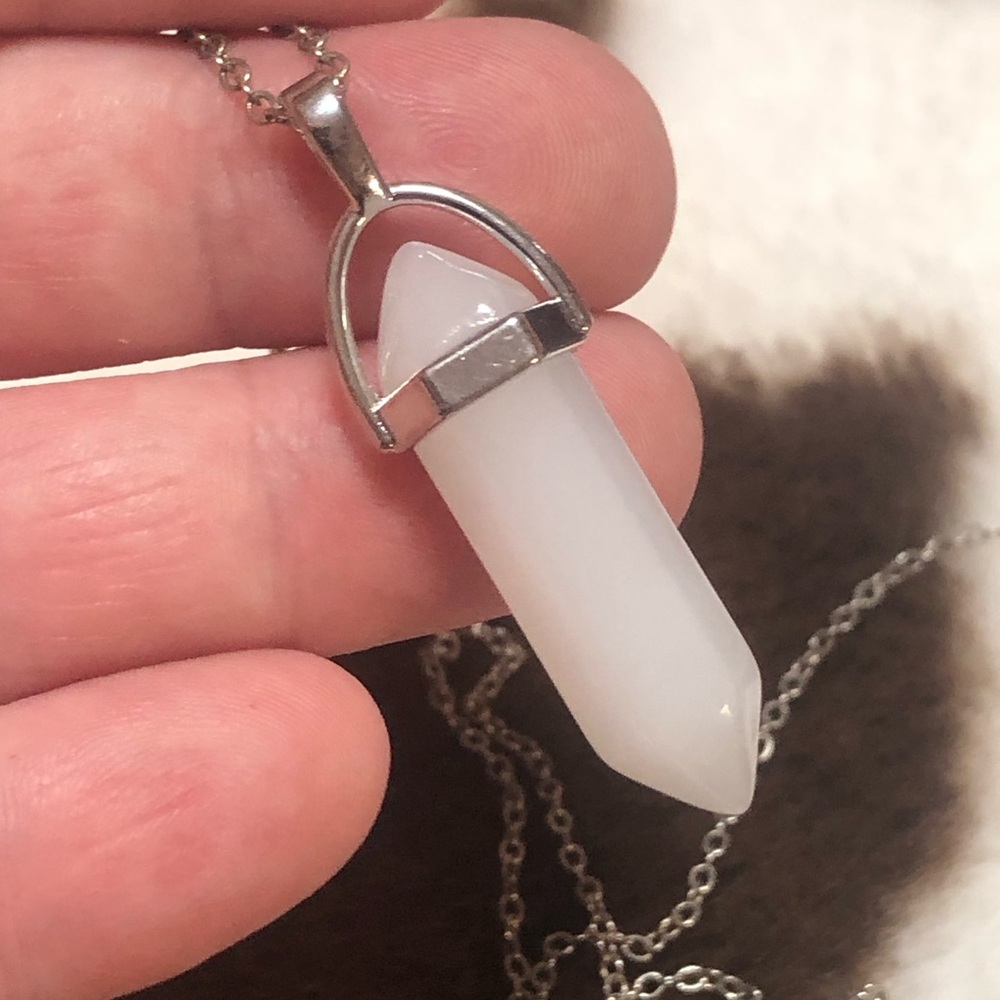 Faceted milky quartz stone icicle pendant on chain necklace